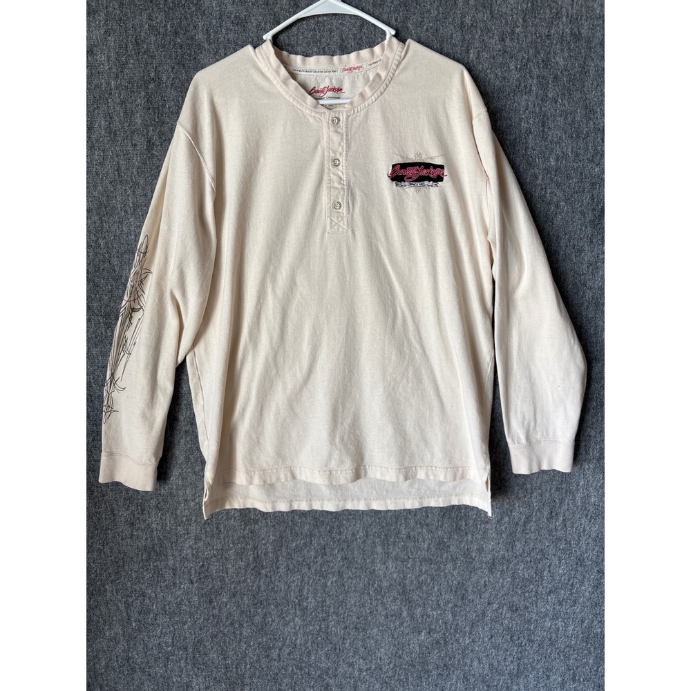 Barrett-Jackson Auction Co Mens Long Sleeve Henley Shirt Cream Graphic Large